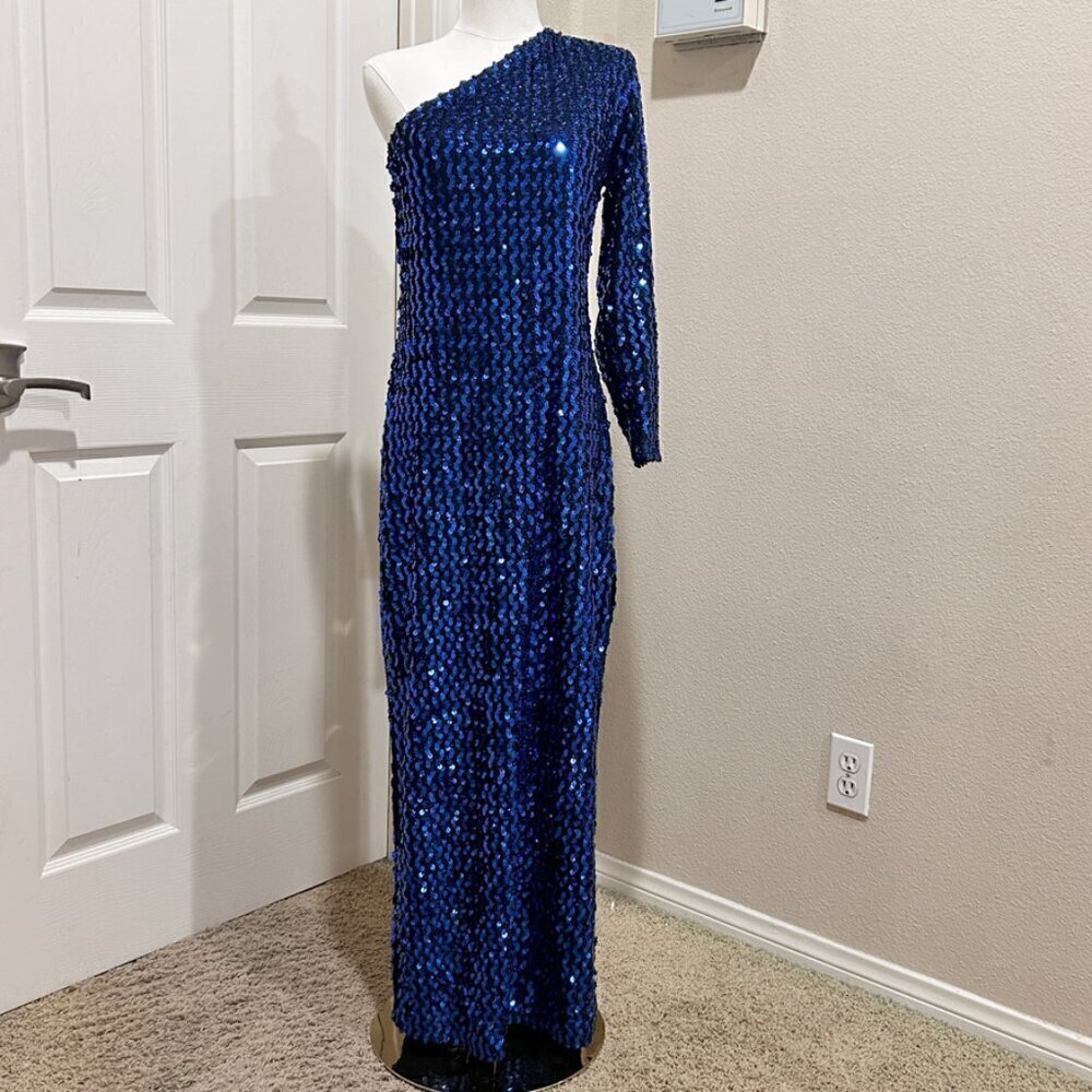 Vintage Climax by David Howard Royal Blue Sequin One Shoulder Dress in Size 9/10